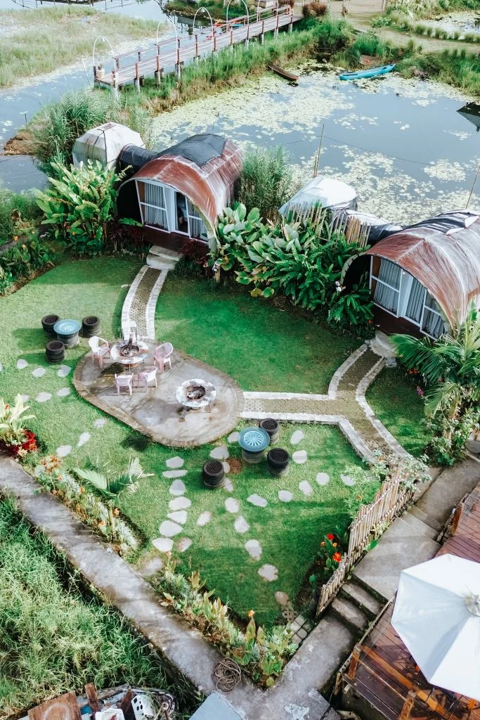 Aerial view of the cabins and gardens